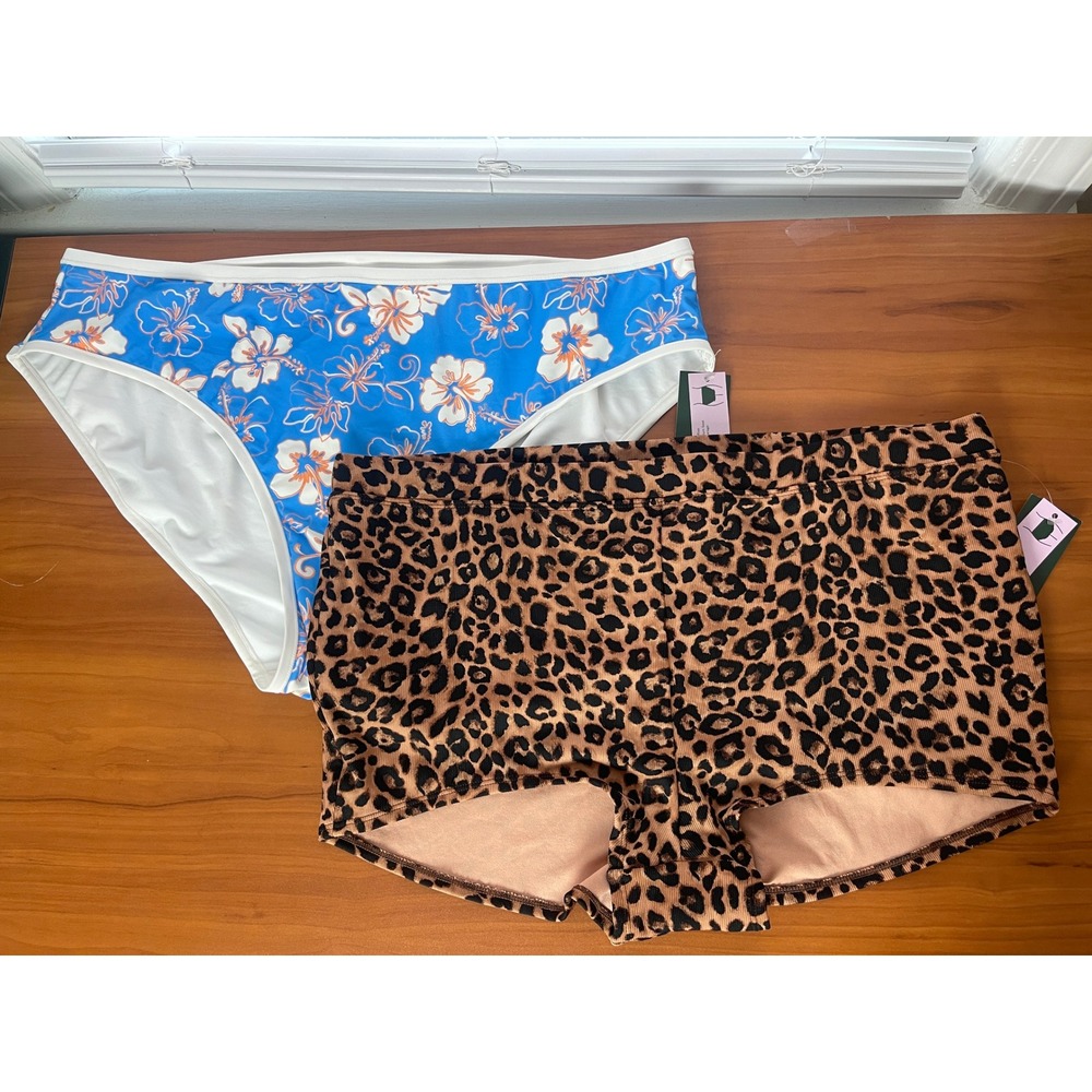 2pcs Bikini Bottom Set Blue Hibiscus Floral & Mid‎ rise Ribbed Leopard Print 2X